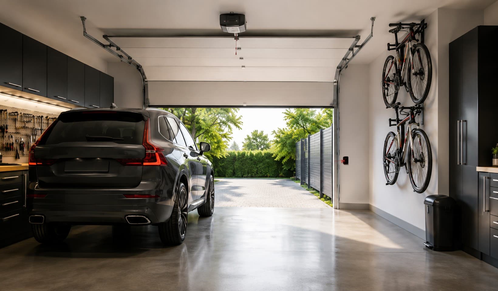 Garagem com portão seccionado totalmente aberto: painel guardado no teto pelos trilhos laterais e motor central, carro estacionado e vão livre para o jardim