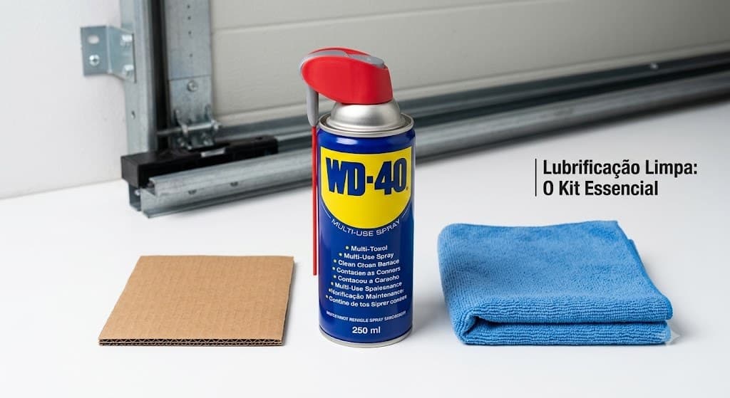 Kit essencial de manutenção: óleo lubrificante WD-40, papelão de proteção e pano de microfibra