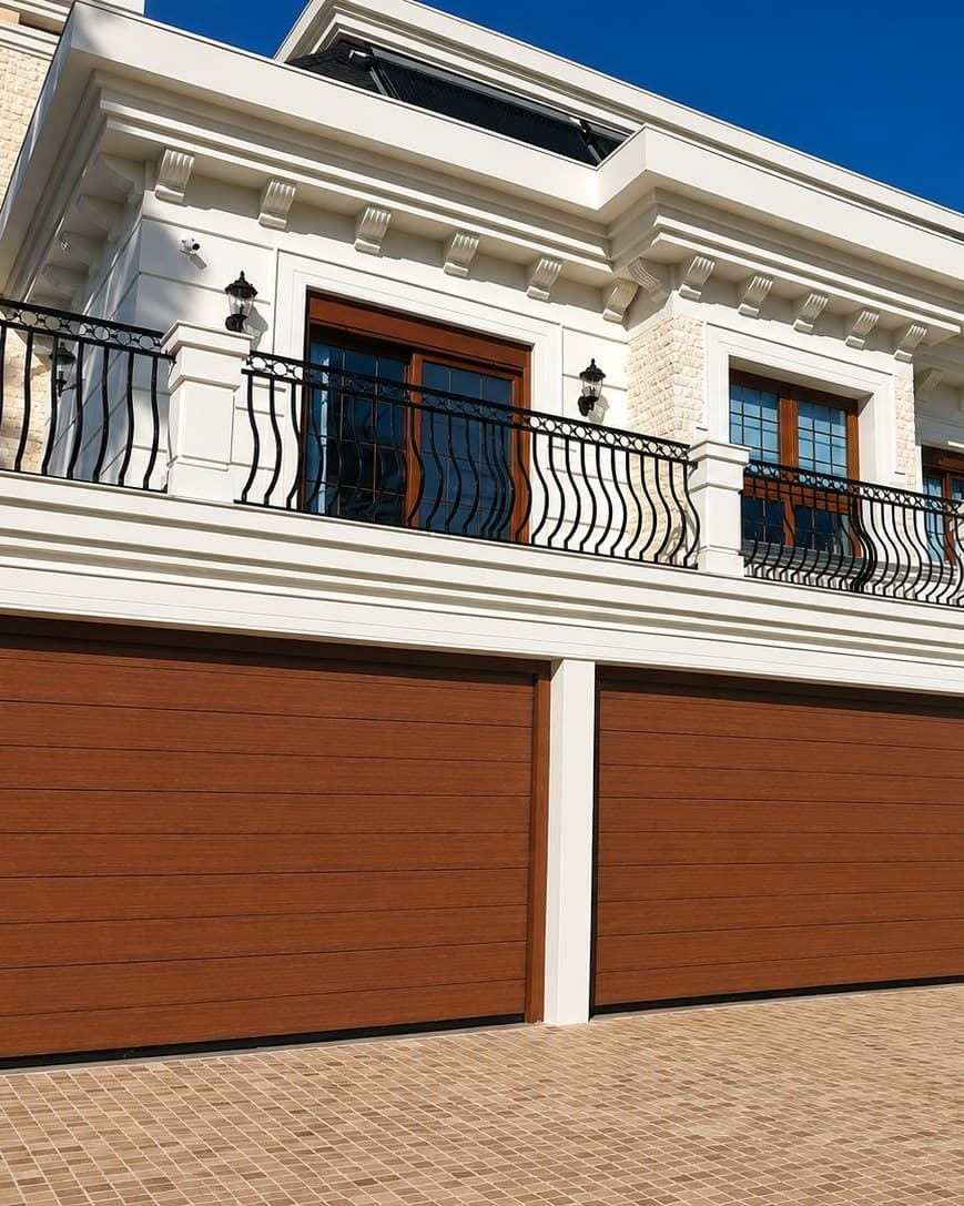 Portões seccionados Cattani amadeirados em fachada residencial